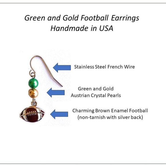 Football Dangle Earrings Green Gold Womens Girls Sports Jewelry Gifts Handmade - Picture 2 of 5